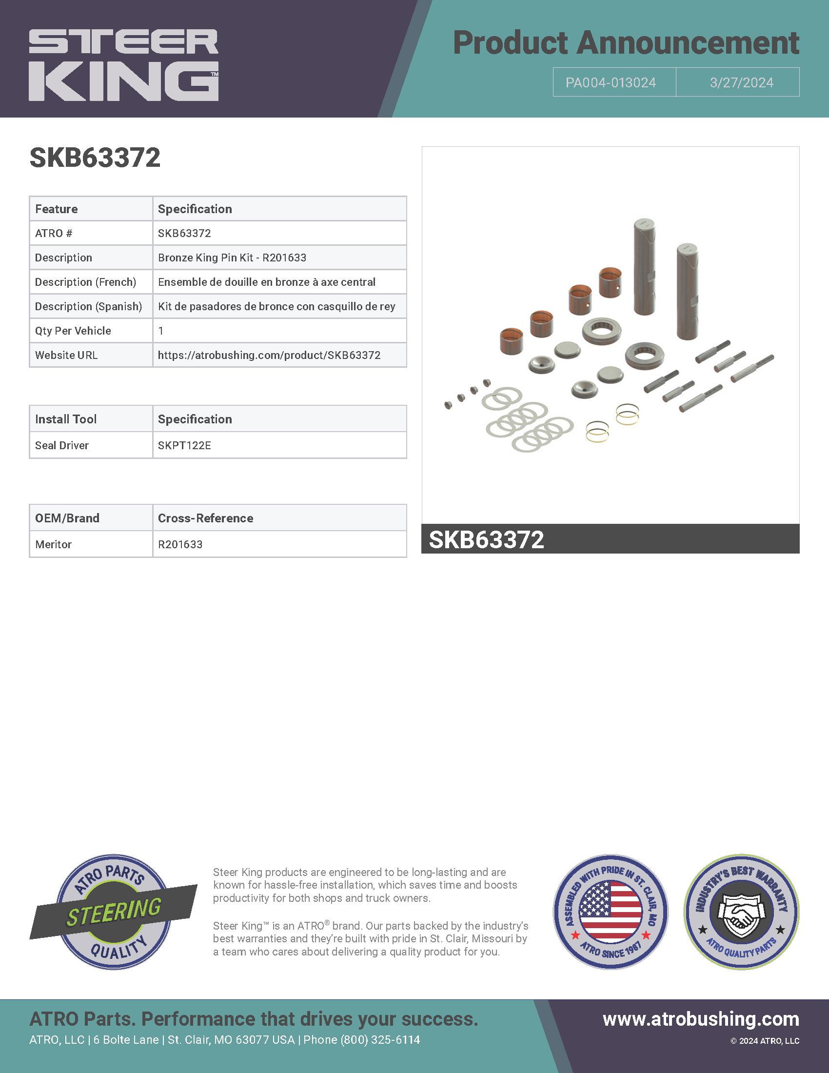 SKB63372 Bronze King Pin Kit - R201633 PA004-013024
