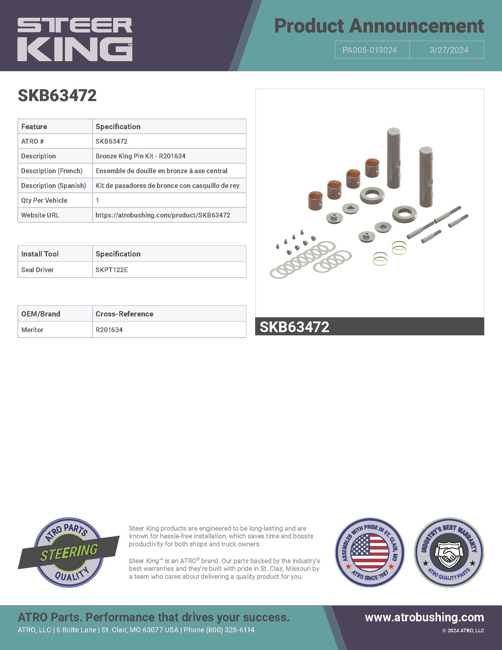 SKB63472 Bronze King Pin Kit - R201634 PA005-013024