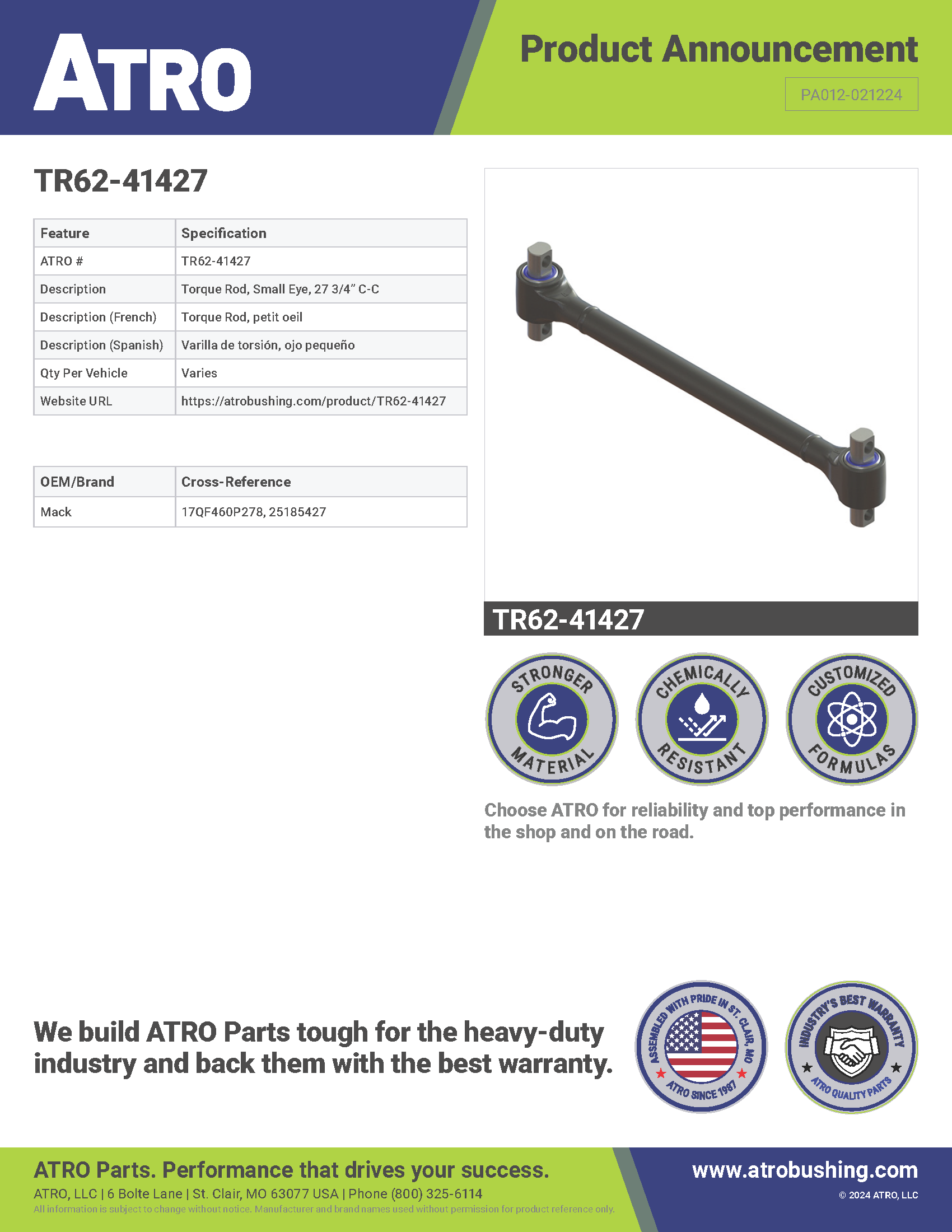 TR62-41427 Torque Rod, Small Eye, 27 3/4” C-C PA012-021224