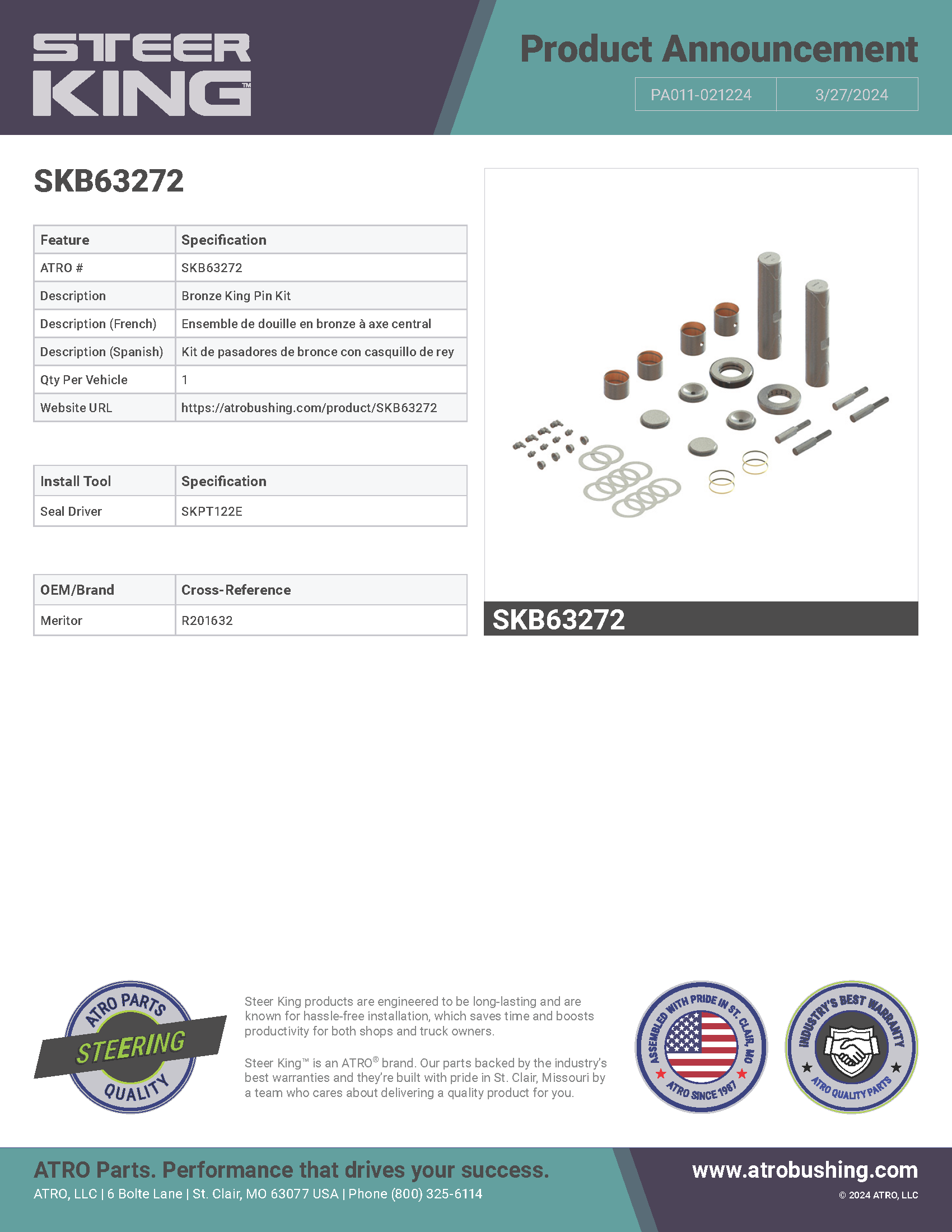 SKB63272 Bronze King Pin Kit PA011-021224