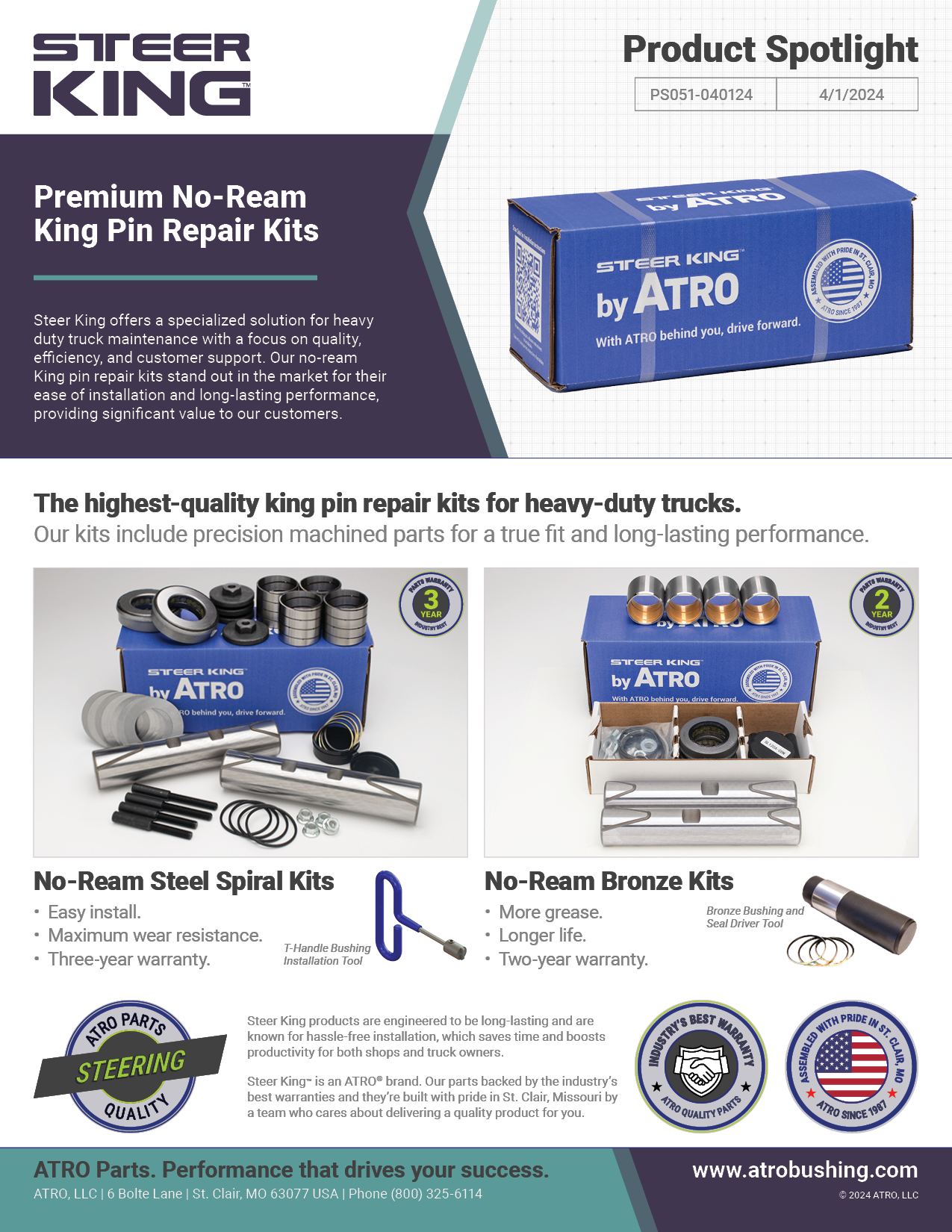 Steer King Premium NoReam King Pin Repair Kits ATRO