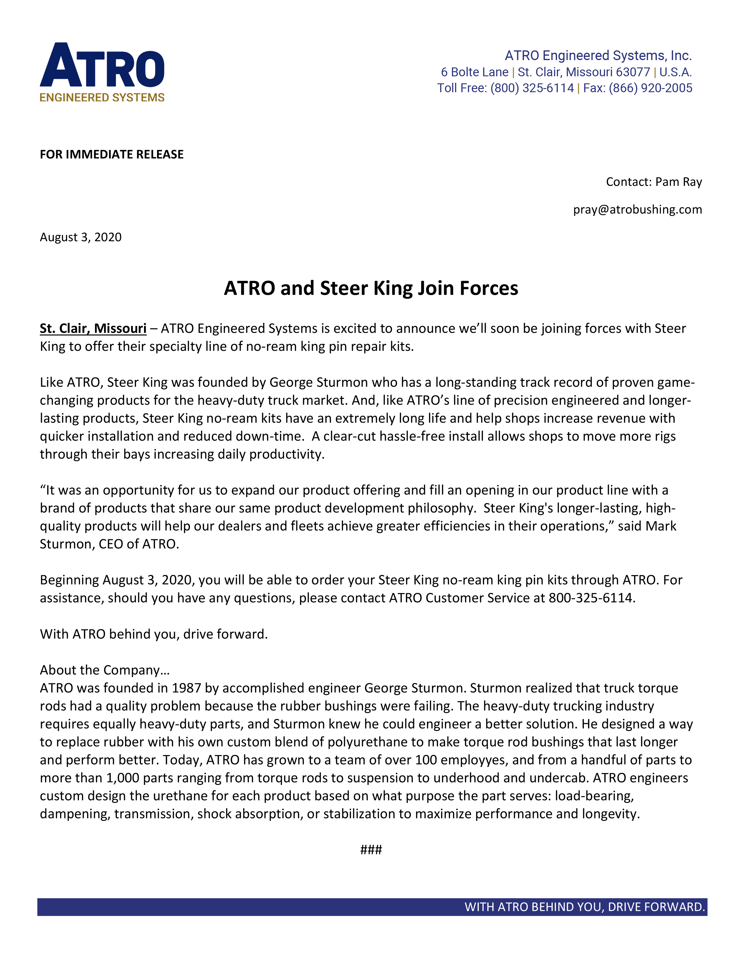 ATRO and Steer King Join Forces - Press Release August 3, 2020
