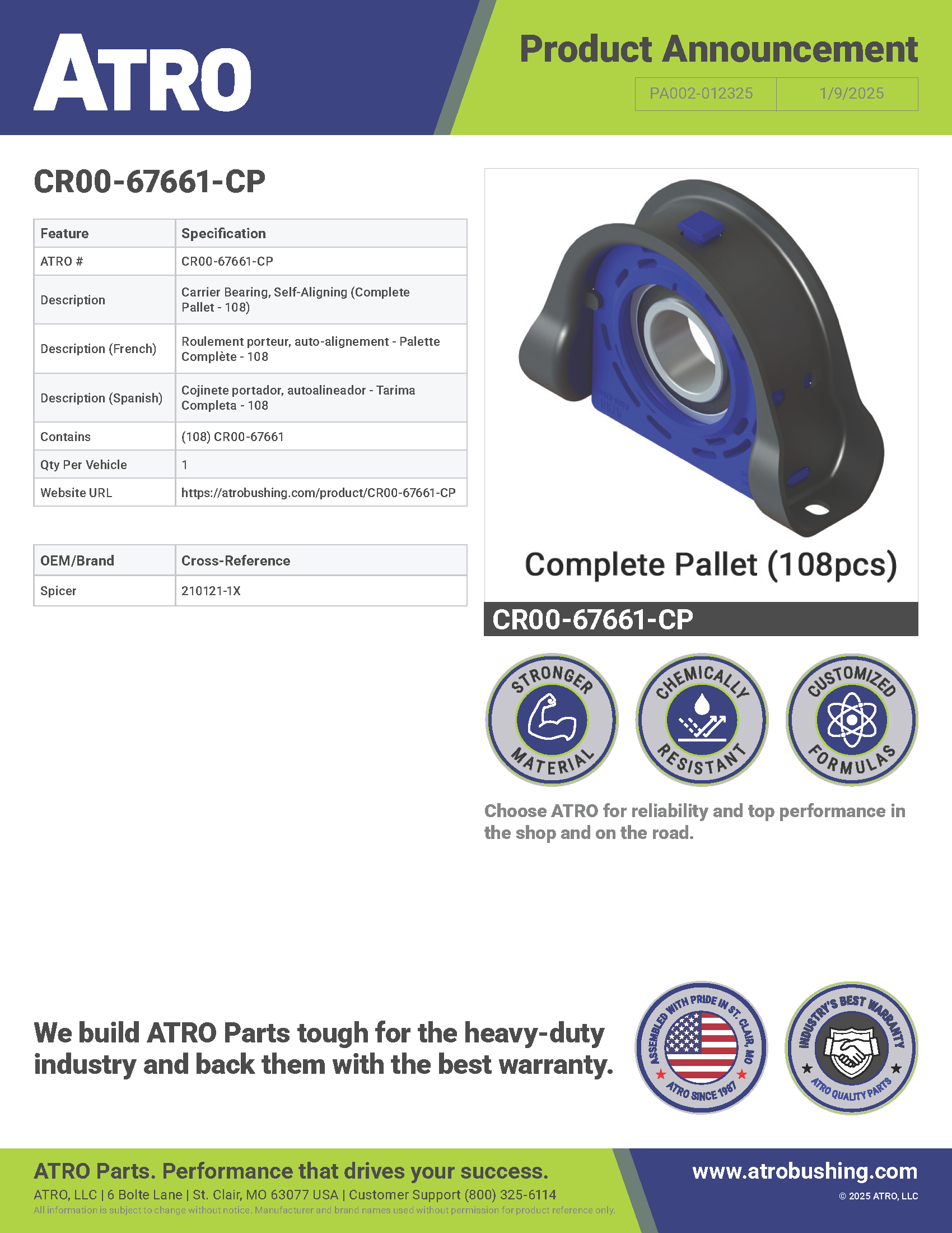 PA002-012325 CR00-67661-CP Carrier Bearing, Self-Aligning (Complete Pallet - 108)