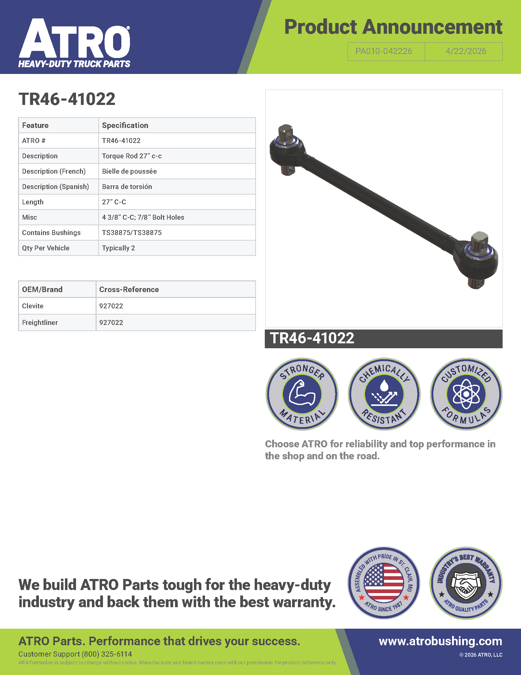 TR46-41022 Torque Rod 27" c-c PA010-042226